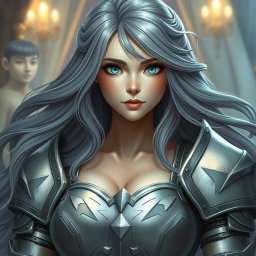 A beautiful, very busty European girl with striking bright turquoise eyes and long, flowing ash grey hair
