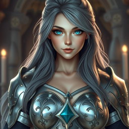 A beautiful, very busty European girl with striking bright turquoise eyes and long, flowing ash grey hair