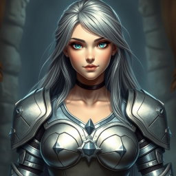 A beautiful, very busty European girl with striking bright turquoise eyes and long, flowing ash grey hair