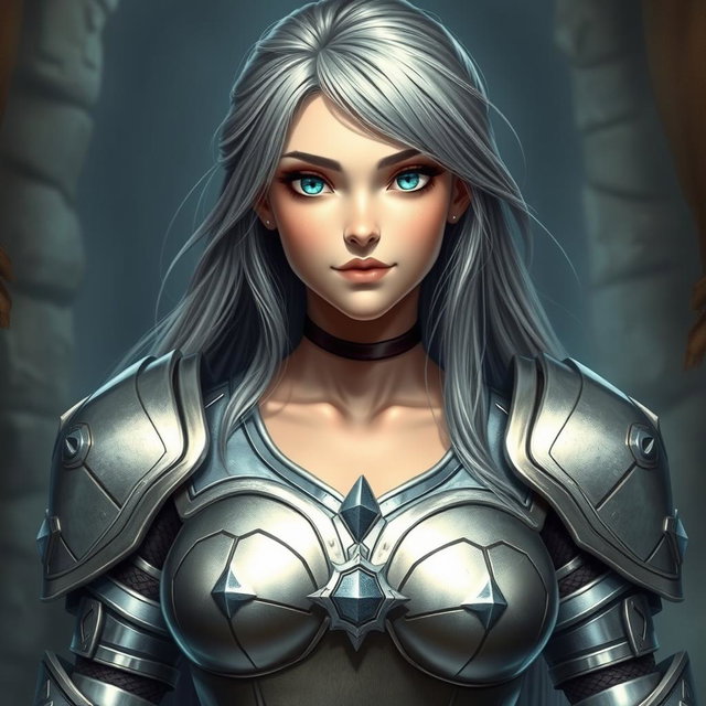 A beautiful, very busty European girl with striking bright turquoise eyes and long, flowing ash grey hair
