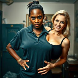 In a rundown room, a striking scene features a short, young African woman, aged 20, with very dark skin and an intense, angry expression