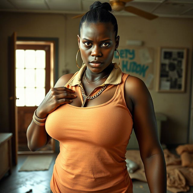 In a rundown room, a striking scene features a short, young African woman, aged 20, with very dark skin and an intense, angry expression