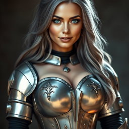 A stunning European woman with bright turquoise eyes and long ash grey hair, featuring a diamond-shaped, kind, and caring face
