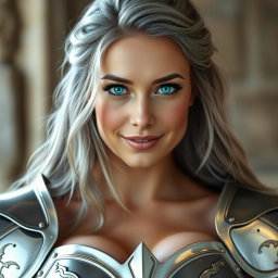 A stunning European woman with bright turquoise eyes and long ash grey hair, featuring a diamond-shaped, kind, and caring face