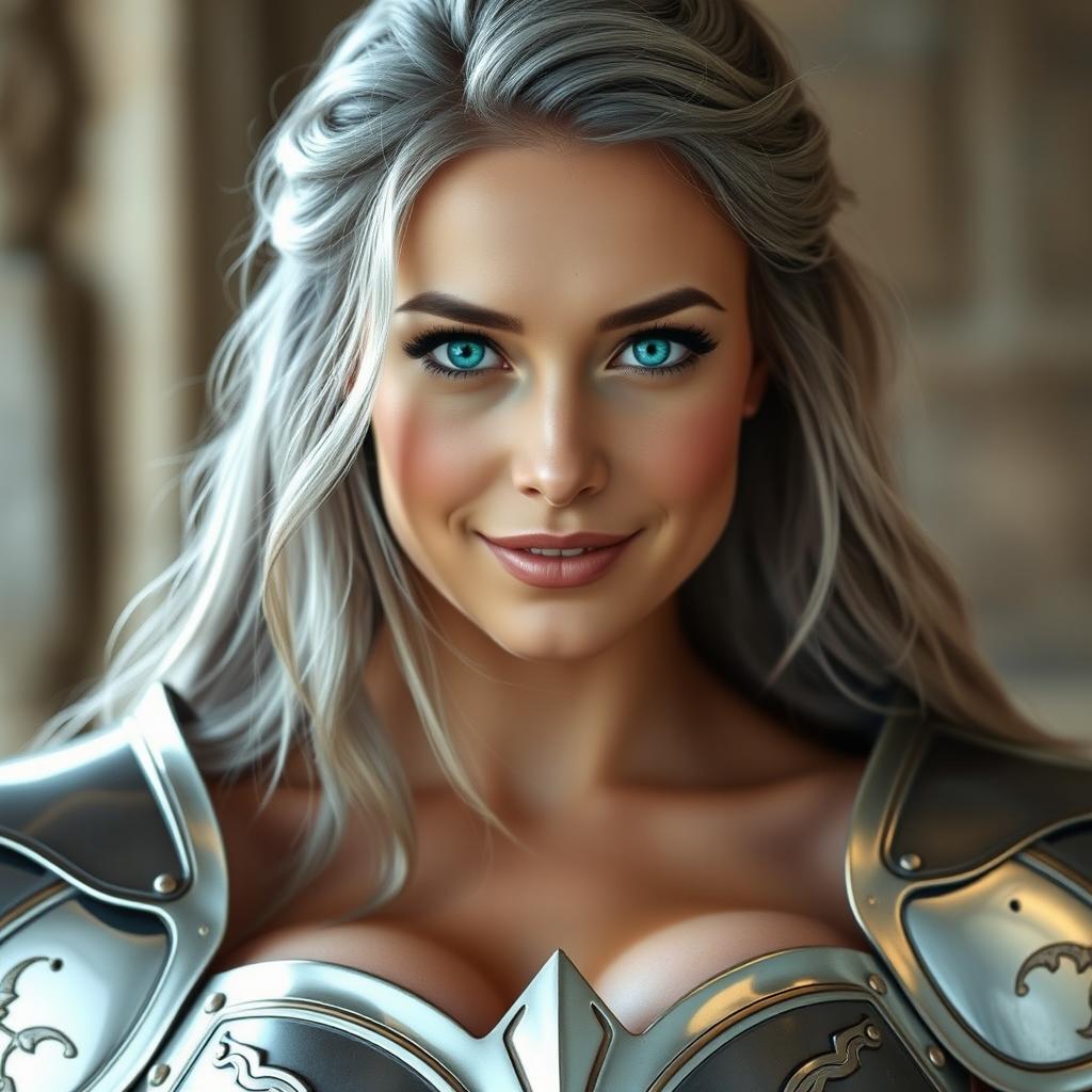 A stunning European woman with bright turquoise eyes and long ash grey hair, featuring a diamond-shaped, kind, and caring face