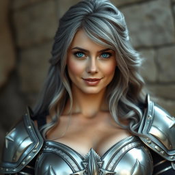 A stunning European woman with bright turquoise eyes and long ash grey hair, featuring a diamond-shaped, kind, and caring face