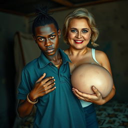 In a poor, dimly lit room, a striking scene depicts a young African woman, aged 20, who is very short with malnourished features and dark skin