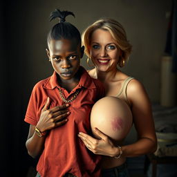 In a poor, dimly lit room, a striking scene depicts a young African woman, aged 20, who is very short with malnourished features and dark skin