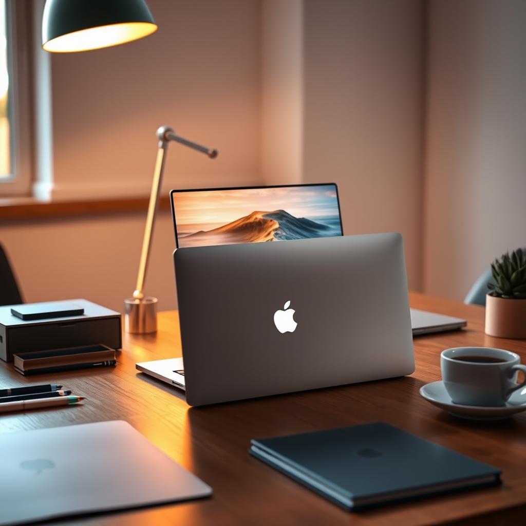 A sleek, modern Apple laptop open on a stylish wooden desk