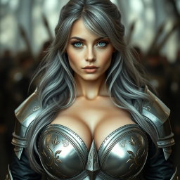 A stunningly beautiful European woman with long ash grey hair and bright turquoise eyes, large breasts prominently featured