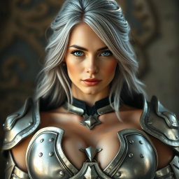 A stunningly beautiful European woman with long ash grey hair and bright turquoise eyes, large breasts prominently featured