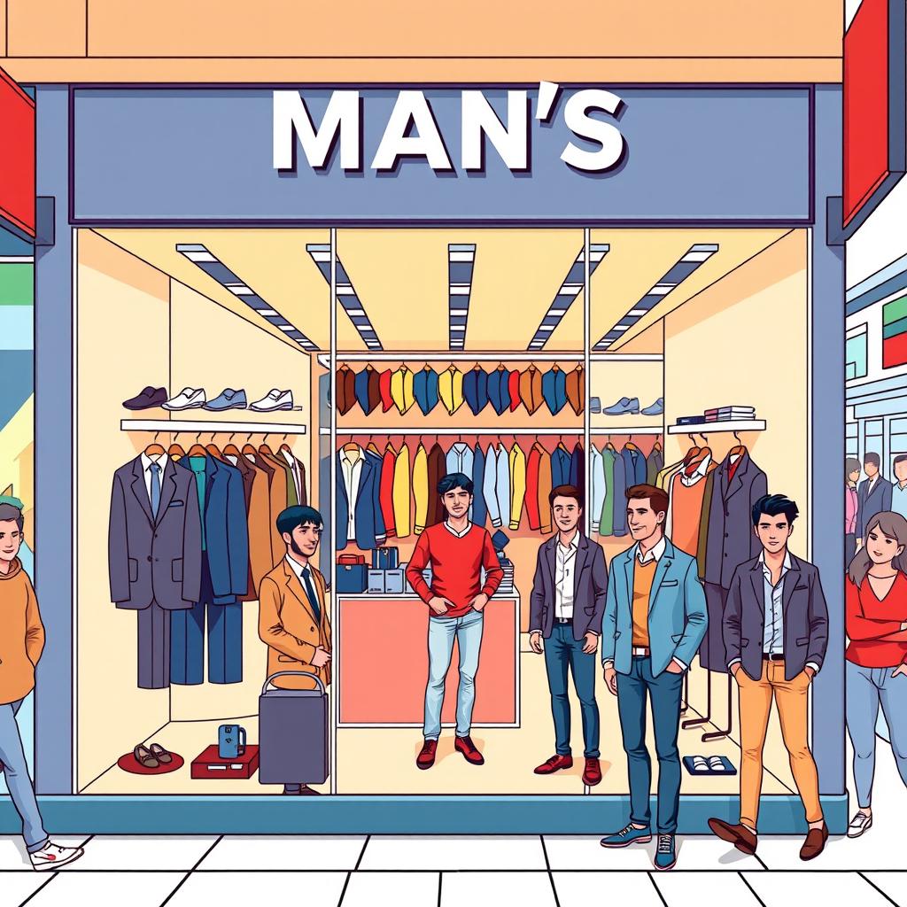 A vibrant and modern vector illustration of a clothing shop specifically for men's fashion