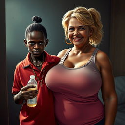 In a poor, dimly lit room, a striking scene unfolds featuring a young African woman, 20 years old, very short and malnourished, with very dark skin and an angry expression