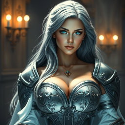 A stunning, busty European cleric girl with bright turquoise eyes and long ash grey hair