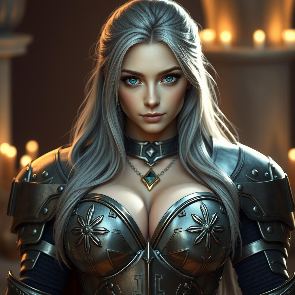 A stunning, busty European cleric girl with bright turquoise eyes and long ash grey hair