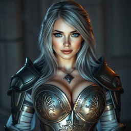 A stunning, busty European cleric girl with bright turquoise eyes and long ash grey hair