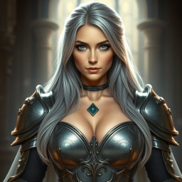 A stunning, busty European cleric girl with bright turquoise eyes and long ash grey hair