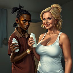 In a poor, dimly lit room, a compelling scene features a young African woman, 20 years old, who is very short and malnourished, with very dark skin and a fierce, angry expression