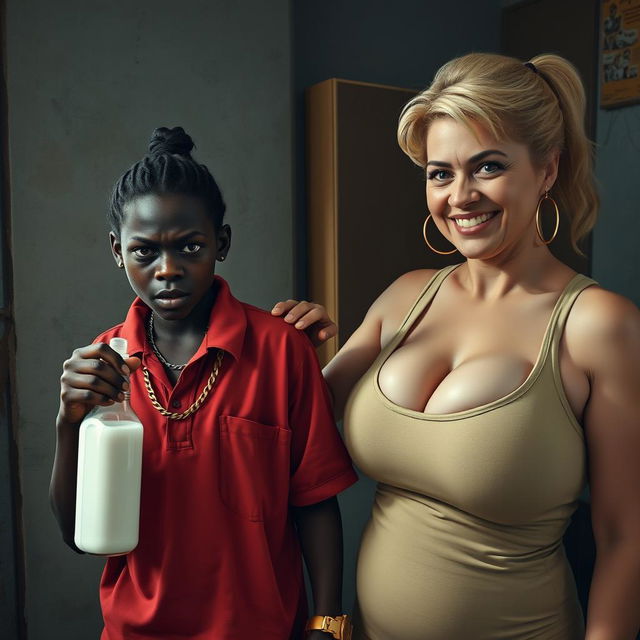 In a poor, dimly lit room, a compelling scene features a young African woman, 20 years old, who is very short and malnourished, with very dark skin and a fierce, angry expression