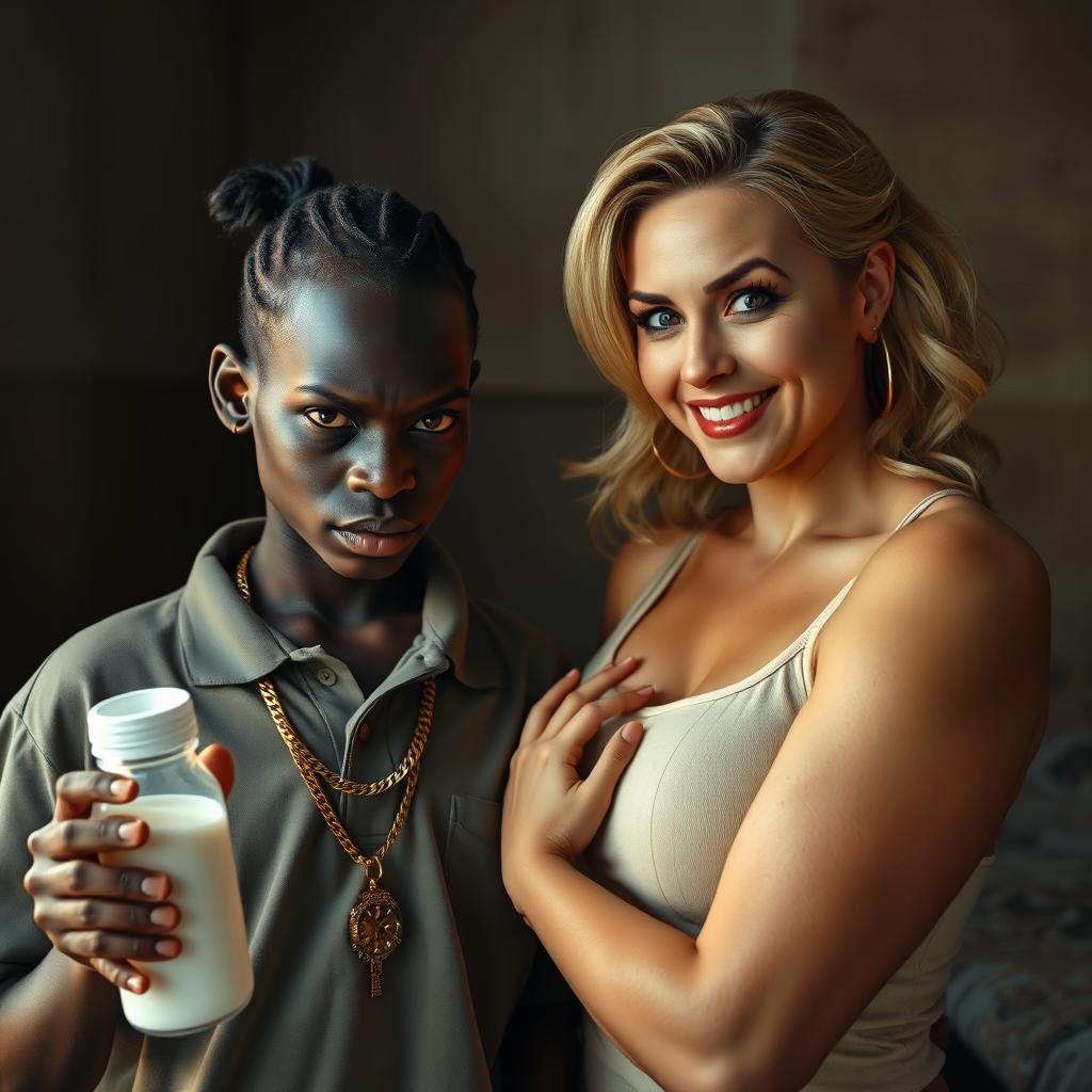 In a poor, dimly lit room, a compelling scene features a young African woman, 20 years old, who is very short and malnourished, with very dark skin and a fierce, angry expression