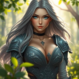 A stunningly beautiful European cleric girl with bright turquoise eyes and long, flowing ash grey hair