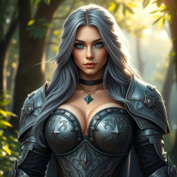 A stunningly beautiful European cleric girl with bright turquoise eyes and long, flowing ash grey hair