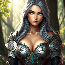 A stunningly beautiful European cleric girl with bright turquoise eyes and long, flowing ash grey hair