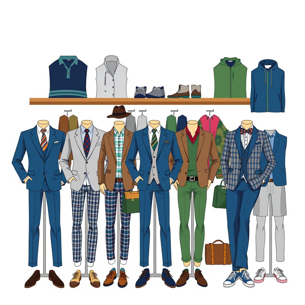 A stylish and modern vector illustration featuring a diverse range of men's clothing, including tailored suits, casual wear, and sporty outfits