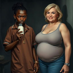 In a poor, dimly lit room, an engrossing scene features a young African woman, 20 years old, who is very short and malnourished, with very dark skin and an angry expression