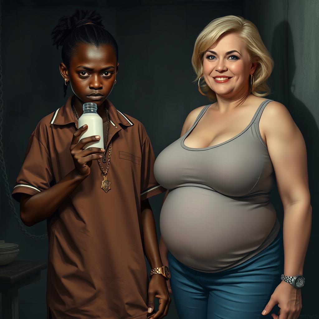 In a poor, dimly lit room, an engrossing scene features a young African woman, 20 years old, who is very short and malnourished, with very dark skin and an angry expression