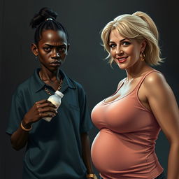 In a poor, dimly lit room, an engrossing scene features a young African woman, 20 years old, who is very short and malnourished, with very dark skin and an angry expression