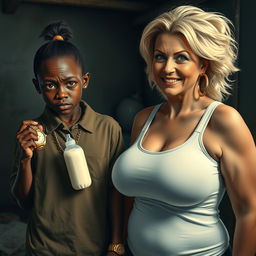 In a poor, dimly lit room, an engrossing scene features a young African woman, 20 years old, who is very short and malnourished, with very dark skin and an angry expression