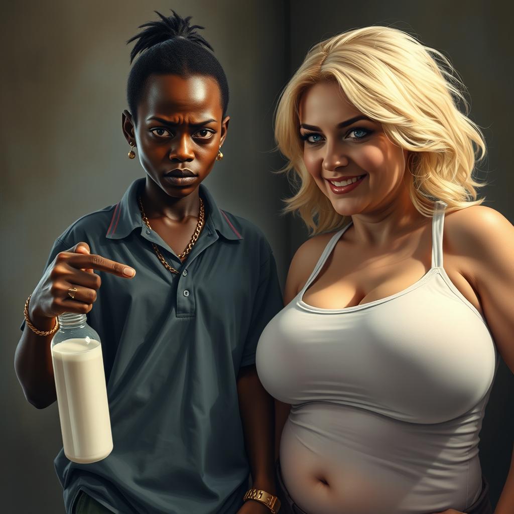 In a poor, dimly lit room, a powerful scene depicts a young African woman, 20 years old, who is very short, malnourished, with very dark skin and an angry demeanor