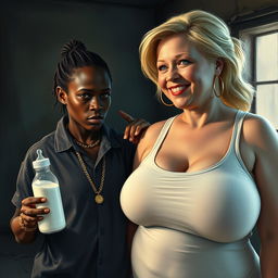 In a poor, dimly lit room, a powerful scene depicts a young African woman, 20 years old, who is very short, malnourished, with very dark skin and an angry demeanor