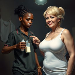 In a poor, dimly lit room, a powerful scene depicts a young African woman, 20 years old, who is very short, malnourished, with very dark skin and an angry demeanor