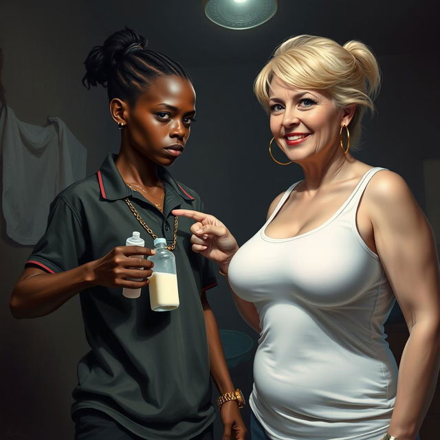 In a poor, dimly lit room, a powerful scene depicts a young African woman, 20 years old, who is very short, malnourished, with very dark skin and an angry demeanor