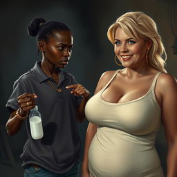 In a poor, dimly lit room, a powerful scene depicts a young African woman, 20 years old, who is very short, malnourished, with very dark skin and an angry demeanor