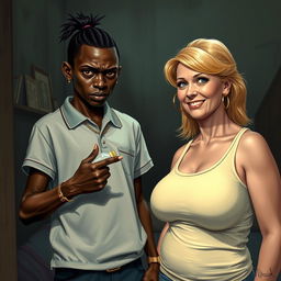 In a poor, dimly lit room, a striking scene showcases a young African woman, 20 years old, who is very short and malnourished, with very dark skin and an angry expression