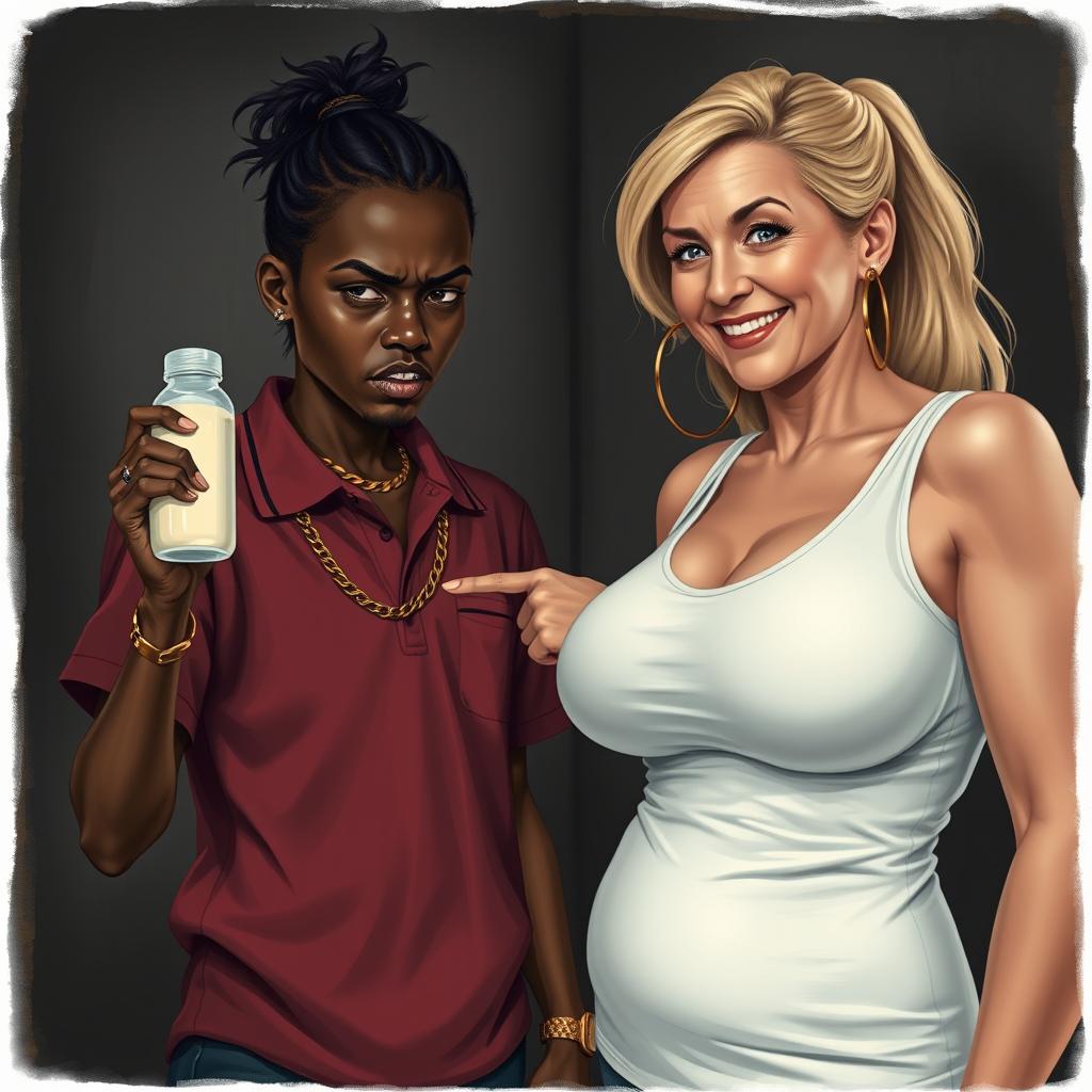 In a poor, dimly lit room, a striking scene showcases a young African woman, 20 years old, who is very short and malnourished, with very dark skin and an angry expression