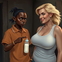 In a poor, dimly lit room, a striking scene showcases a young African woman, 20 years old, who is very short and malnourished, with very dark skin and an angry expression