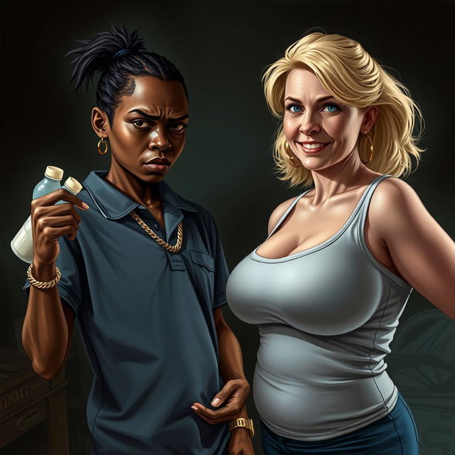 In a poor, dimly lit room, a striking scene showcases a young African woman, 20 years old, who is very short and malnourished, with very dark skin and an angry expression