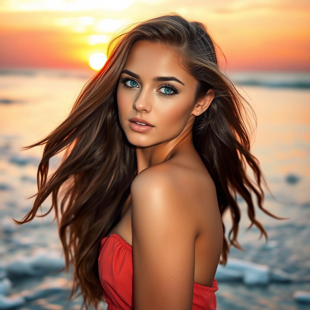 A stunningly attractive young woman with long flowing hair and captivating blue eyes, wearing a fashionable summer dress that accentuates her figure