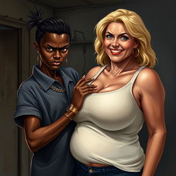 In a poor, dimly lit room, a striking scene unfolds featuring a young African woman, 20 years old, who is very short and malnourished, with very dark skin and an angry expression