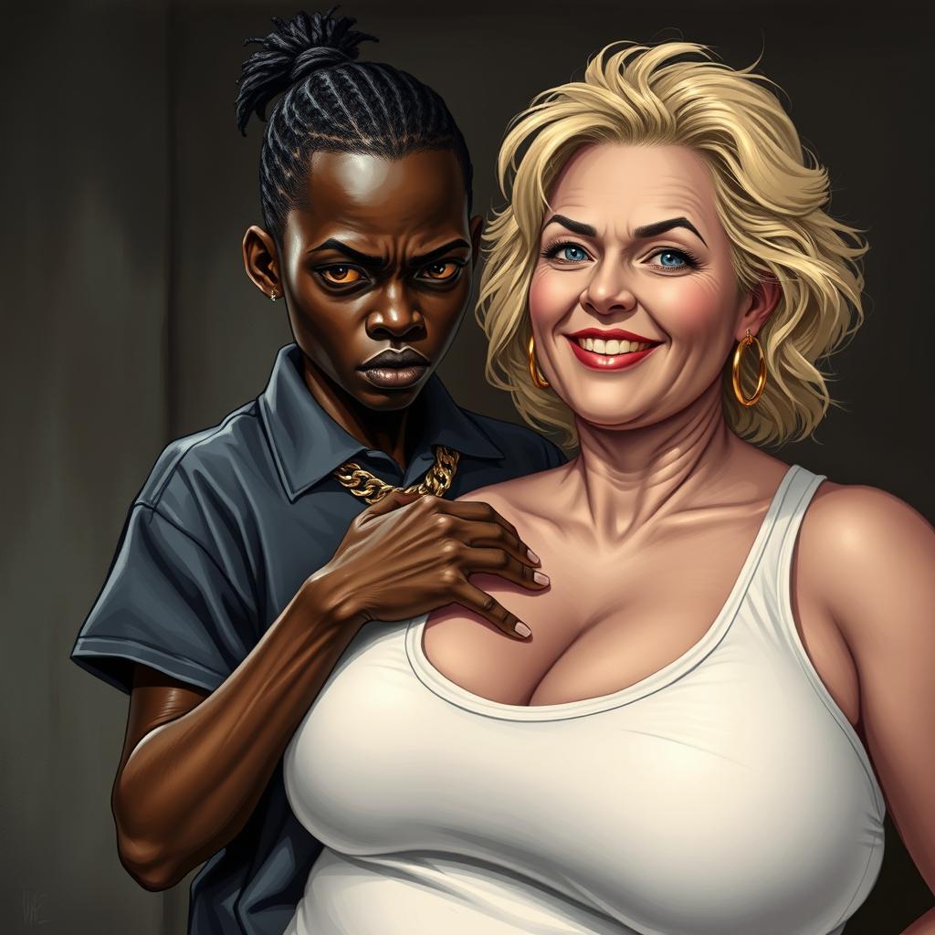 In a poor, dimly lit room, a striking scene unfolds featuring a young African woman, 20 years old, who is very short and malnourished, with very dark skin and an angry expression