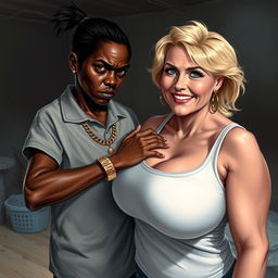 In a poor, dimly lit room, a striking scene unfolds featuring a young African woman, 20 years old, who is very short and malnourished, with very dark skin and an angry expression