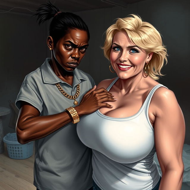 In a poor, dimly lit room, a striking scene unfolds featuring a young African woman, 20 years old, who is very short and malnourished, with very dark skin and an angry expression