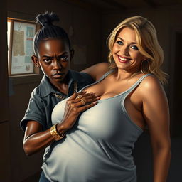 In a poor, dimly lit room, a striking scene unfolds featuring a young African woman, 20 years old, who is very short and malnourished, with very dark skin and an angry expression