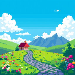 A vibrant 8-bit pixel art representation of a colorful landscape featuring a bright blue sky, fluffy white clouds, and a lush green meadow filled with flowers