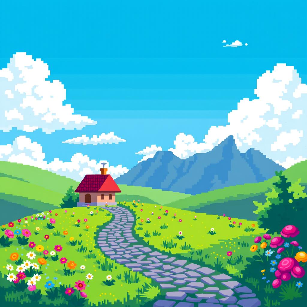 A vibrant 8-bit pixel art representation of a colorful landscape featuring a bright blue sky, fluffy white clouds, and a lush green meadow filled with flowers