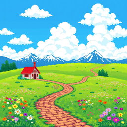 A vibrant 8-bit pixel art representation of a colorful landscape featuring a bright blue sky, fluffy white clouds, and a lush green meadow filled with flowers